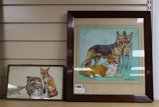 Kay Nixon (1895-1988), two watercolours, Study of a collie with two German shepherd dogs, 27 x 31cm and a fox, cat and